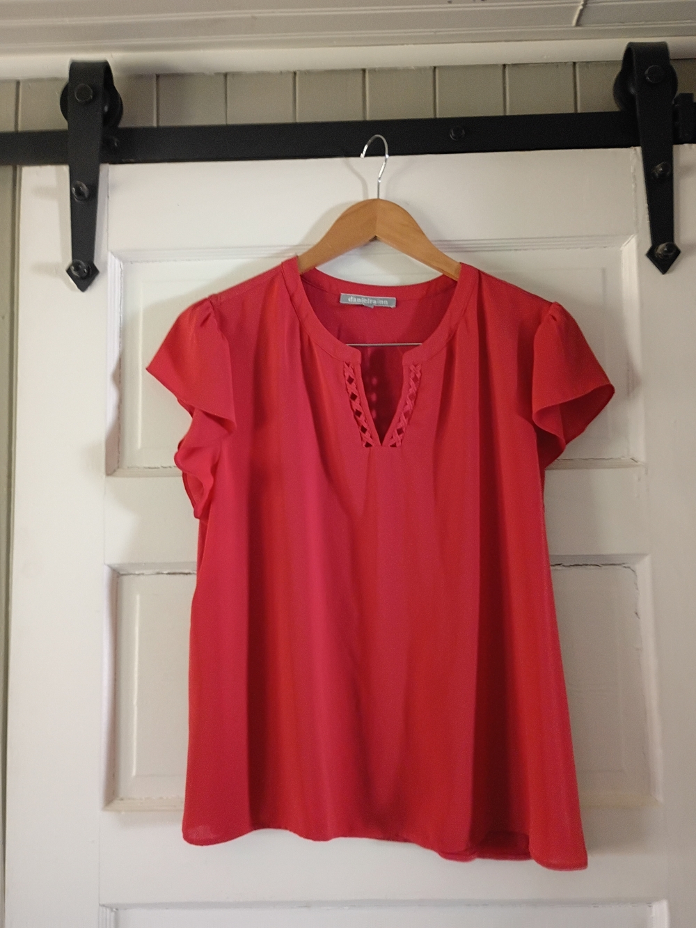 Daniel Rainn Coral-Red Flutter Sleeve V-Notch Blouse